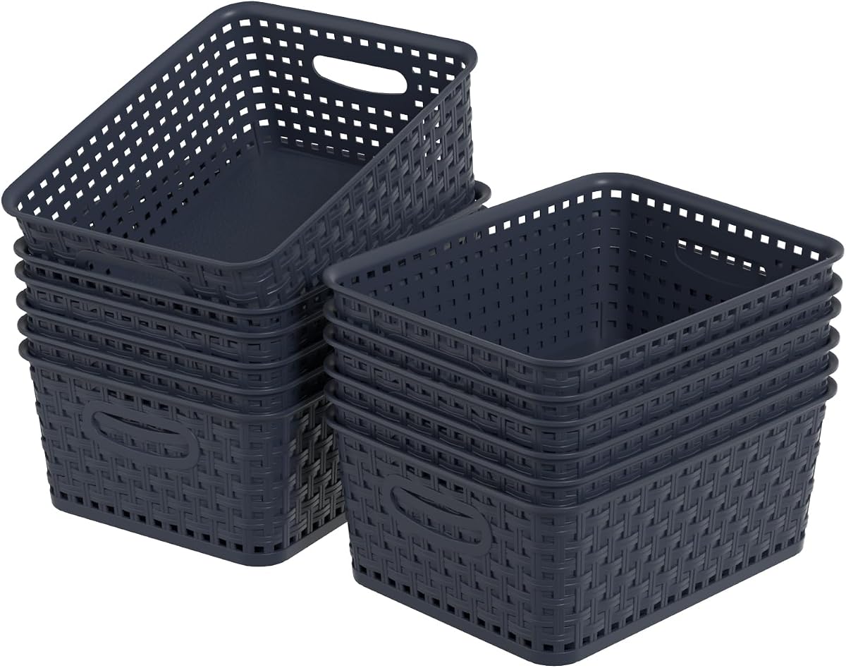 Sadstory Plastic Weave Storage Baskets, Organizer Shelf Basket, 12 Packs | Navy Blue Plastic Basket for Organizing