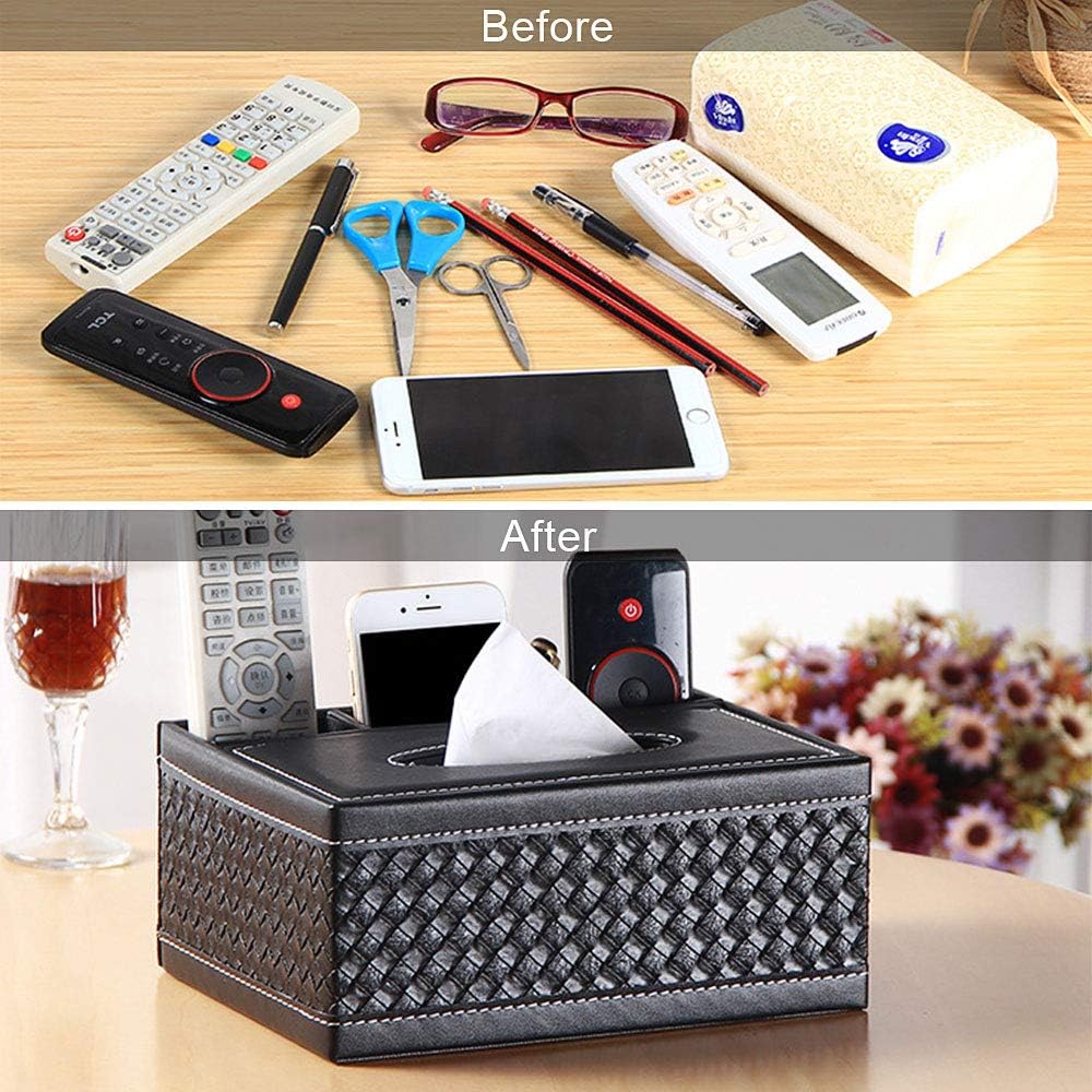 KISSTAKER Multifunction PU Leather Pen Pencil Remote Control Tissue Box Cover Holder Desk Storage Box Container for Home and Office Use (Black)