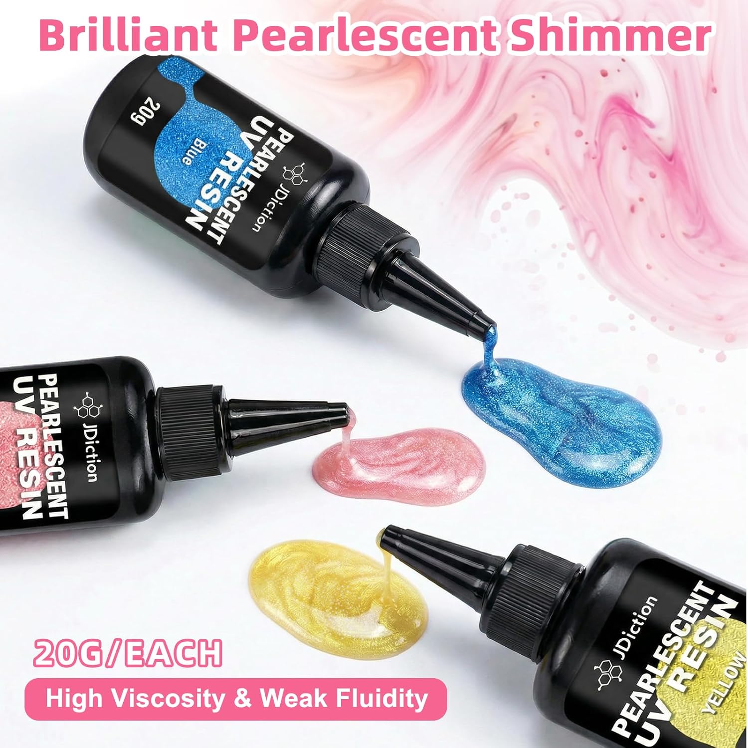 JDiction Colored UV Resin, 10 Colors Pearlescent UV Resin Kit with Low Odor & Minimal Bubbles, Dazzling Colored UV Resin Starter Kit for Jewelry Making,Resin Casting,Crafts, Decoration -20g Each