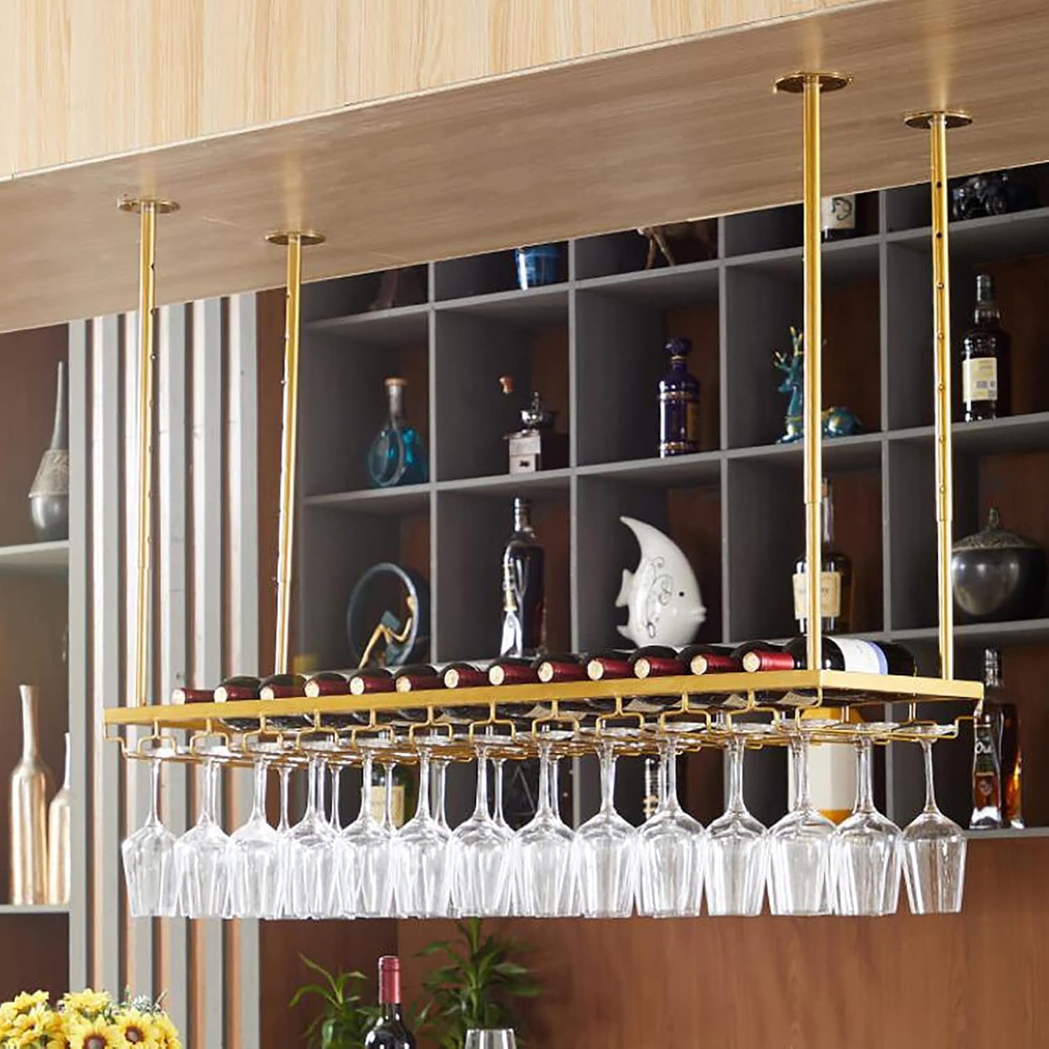 Hanging Wine Glass Holder Iron Wine Rack,Ceiling Mounted Wine Glass Hanging Rack,Height Adjustable Wine Glass Shelf,for Bars,Kitchens,Restaurant