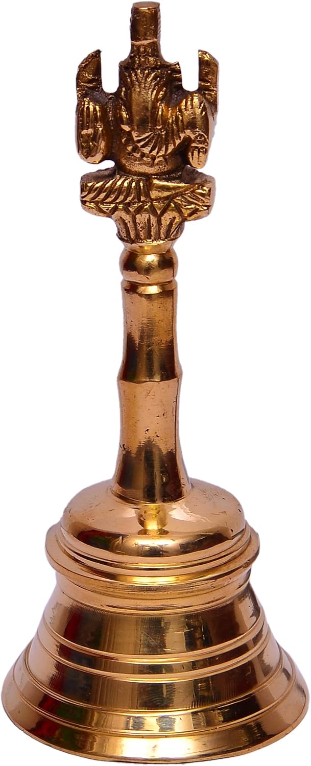 Purpledip Unique Handheld Brass Bell with Ganesha Ganapathi Statuette for Home Temple Mandir Pooja; Unique Indian Gift (10632)
