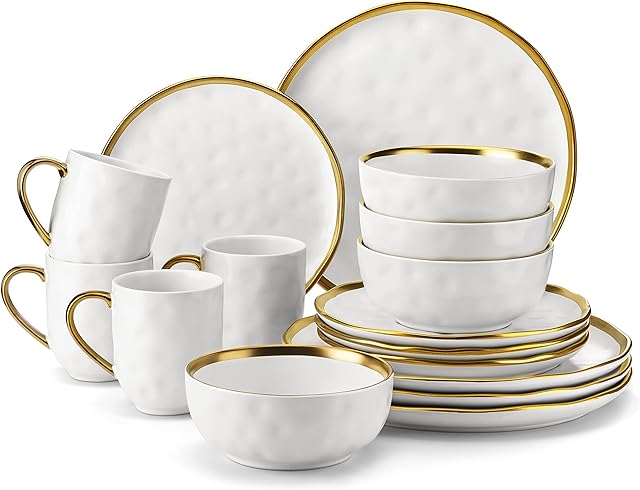 LOVECASA, Series Sweet, 16-Piece Dinner Set, Golden Bord Design / Matte Surface,Stoneware Dinnerware Set with Dinner Plates, Dessert Plate, Bowls and Mugs, Service for 4, White Gold