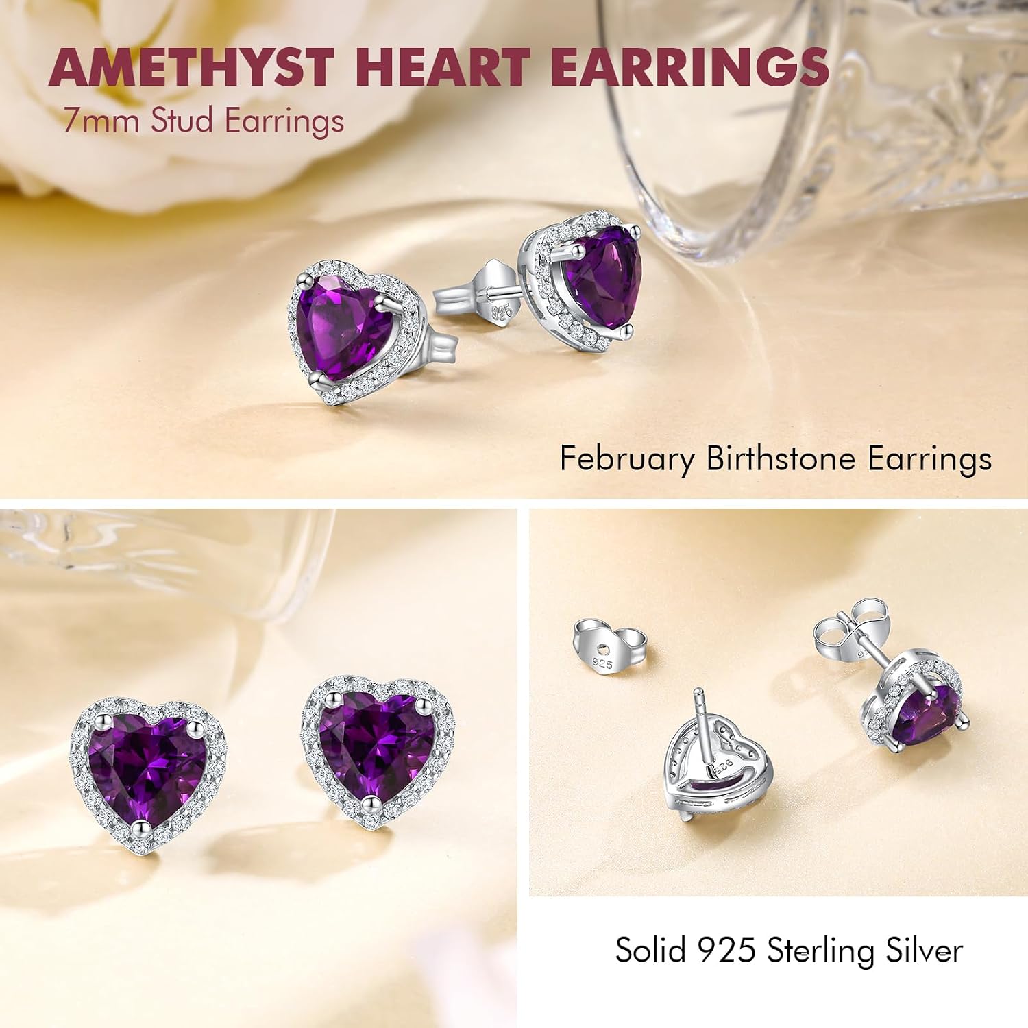 DAYBYDAY Birthstone Earrings for Women 925 Sterling Silver Halo Stud Earrings, Small Round/Cushion/Heart Gemstone Earrings Birthstone Jewelry