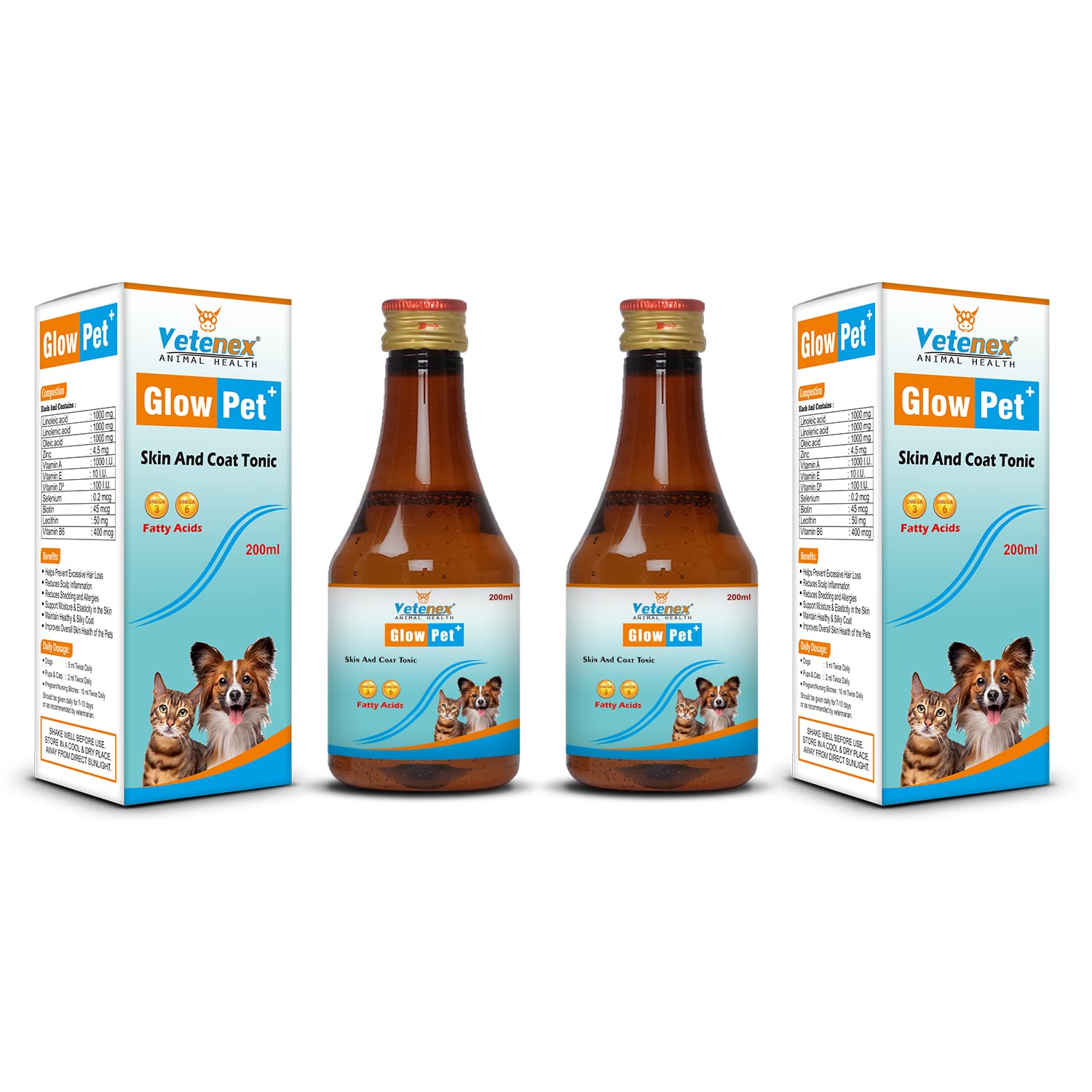VETENEX Glow Pet Plus - Dog Skin & Coat Supplement Syrup Enriched with Omega 3 & 6 Fatty Acids & Biotin, Promotes Healthy Skin & Shiny Coat for Dogs, Puppy and Cats (200 ml x 2) Combo - Pack of 2 (B0BLZ7FDB1) Amazon Price History, Amazon Price Tracker