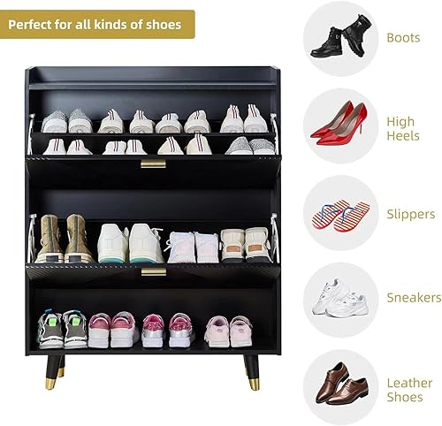 Miniatura 6 de howcool Armario de zapatos con 2 cajones abatibles, cubículo y estante, delgado de madera independiente y estrecho, organizador de zapatos para