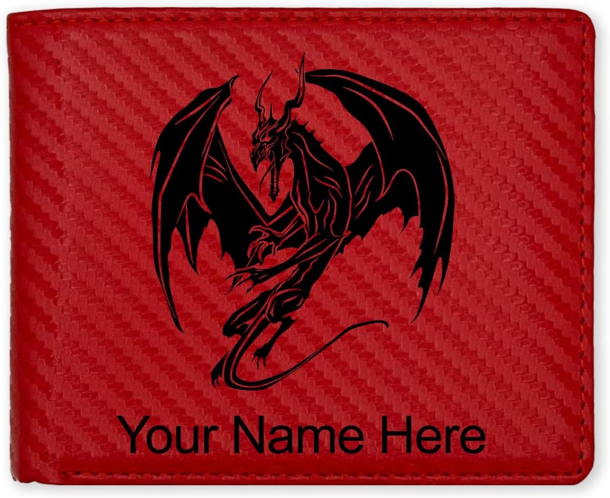 LaserGram Faux Leather Bi-Fold Wallet, Dragon, Personalized Engraving Included (Carbon Fiber Red)