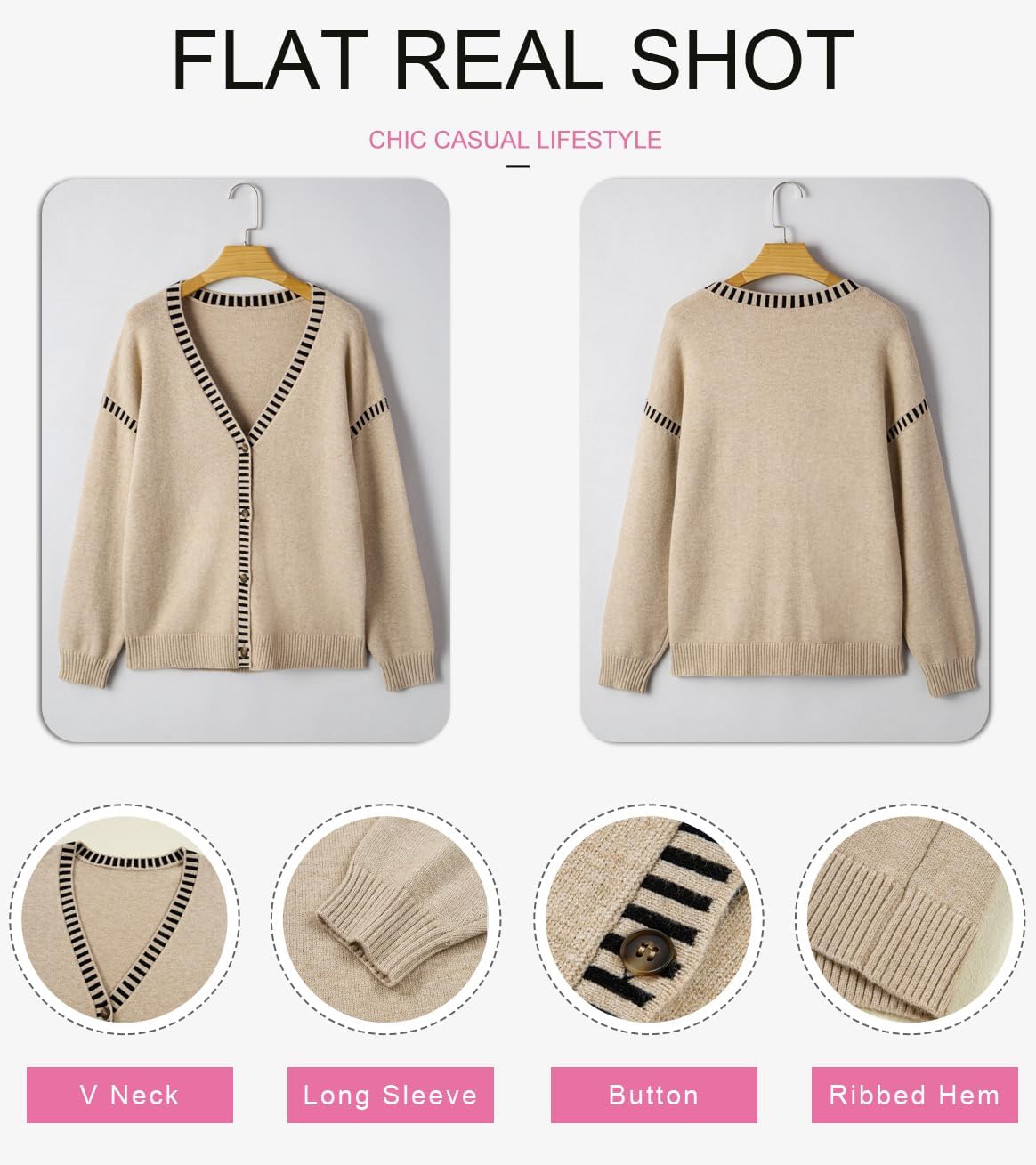 Dokotoo Womens Oversized Cardigan Sweaters Casual Coats Long Sleeve Button Front Stripes Trim Fall Outfits - Image 5