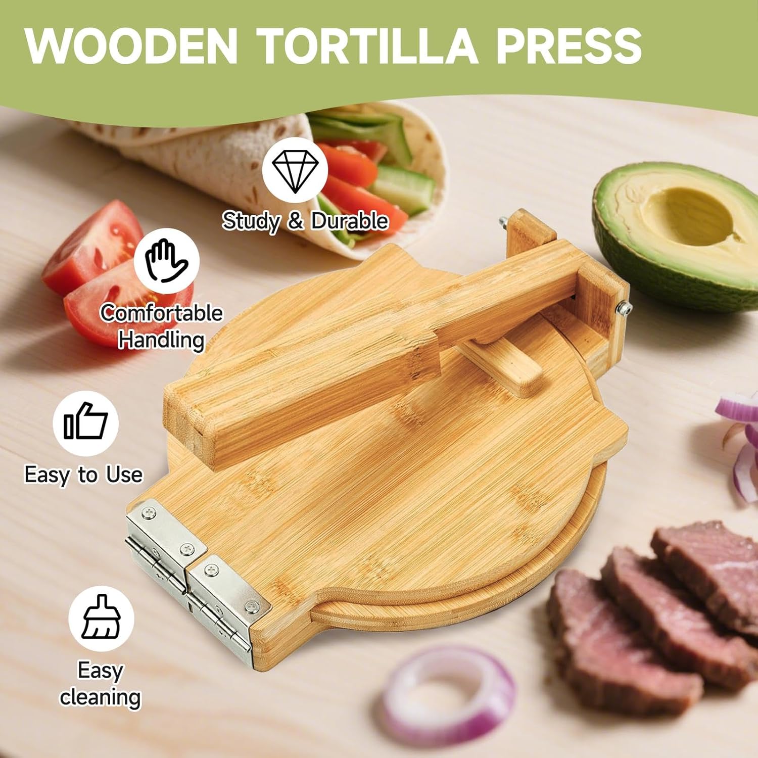 Wooden Quesadilla Maker - Tortilla Press 10 Inch with 50 Parchment Paper & Dough Cutter, Bamboo Prensa para Tortillas Mexican Aplastador de Tortillera Press for Burritos, Taco, Roti, Corn Tortillas