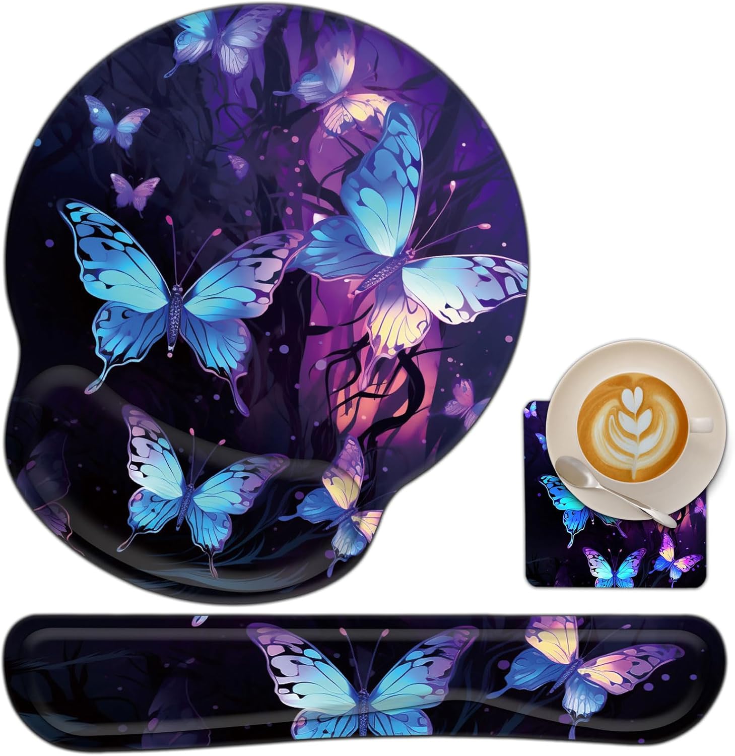 Keyboard Wrist Rest and Mouse Wrist Rest Pad with Coffee Coaster, Non Slip PU Base Wrist Support with Ergonomic Raised Memory Foam for Easy Typing & Pain Relief,Wolf Moon Eagle