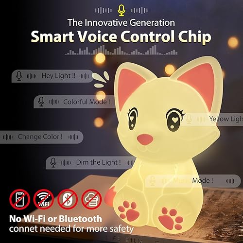 Miniatura 2 de RAVEtone Luces nocturnas para niños, luces nocturnas de silicona que cambian de color, control activado por voz, recargable, regulable, lindo zorro,
