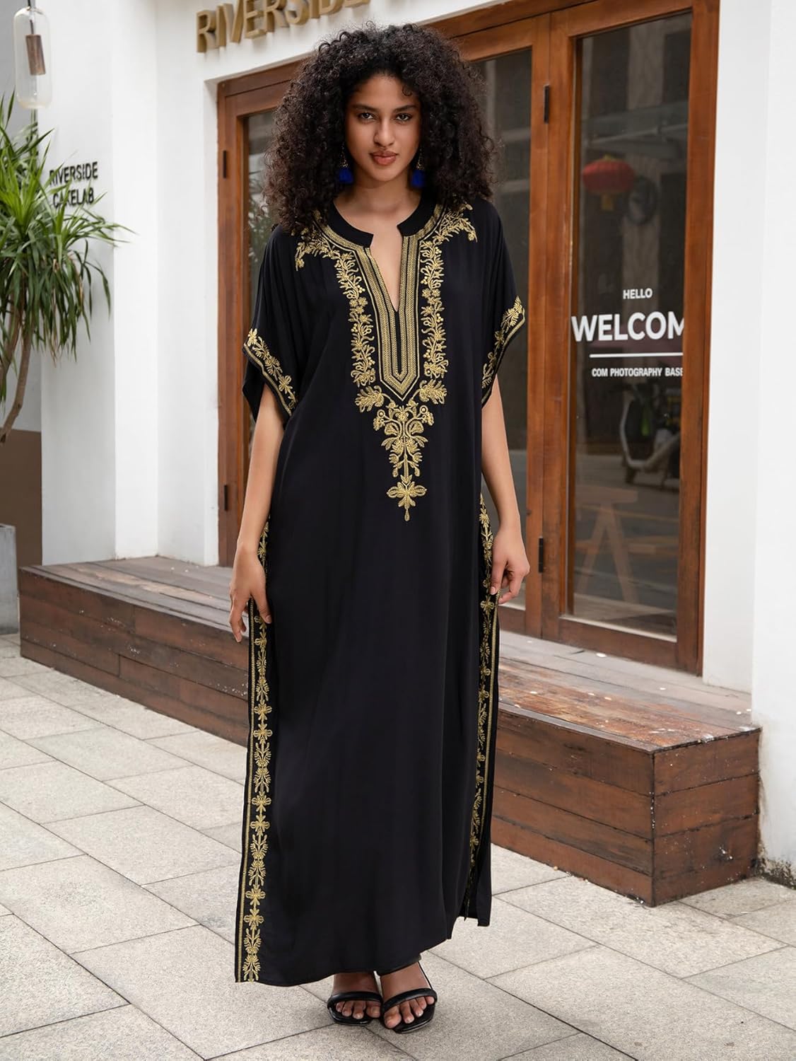 Kaftan Dresses for Women Embroidered Short Sleeve V-neck Plus Size Caftan Bikini Swimsuit Cover-Up Long Beach Dress - Image 7