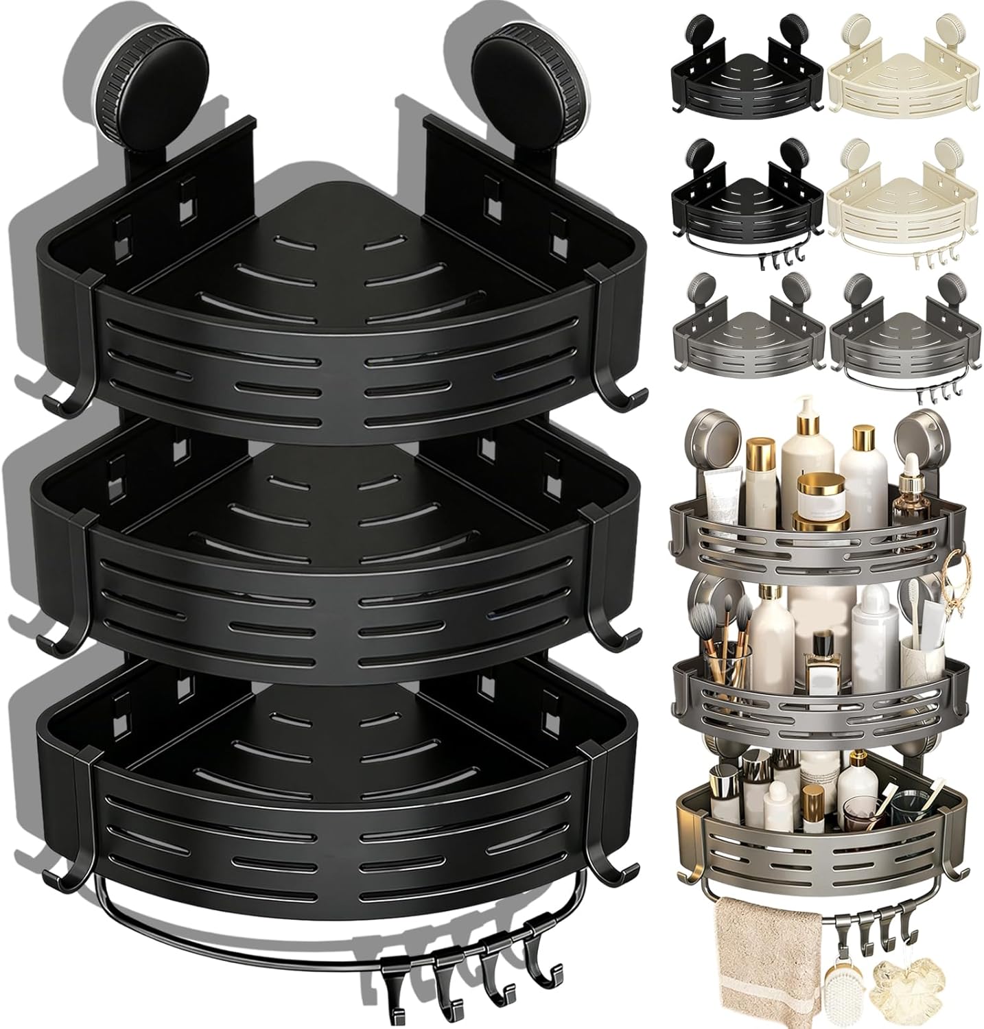 Triangle Suction Cup Shower Caddy, No Drill Bathroom Corner Shelf, 2-Tier Shower Organizer with Towel Bar & Hooks, Rust Resistant Shower Storage Rack for Bathroom (Black*3)