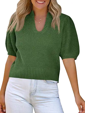 Saodimallsu Women's Puff Sleeve Waffle Knit V-Neck Sweater Top