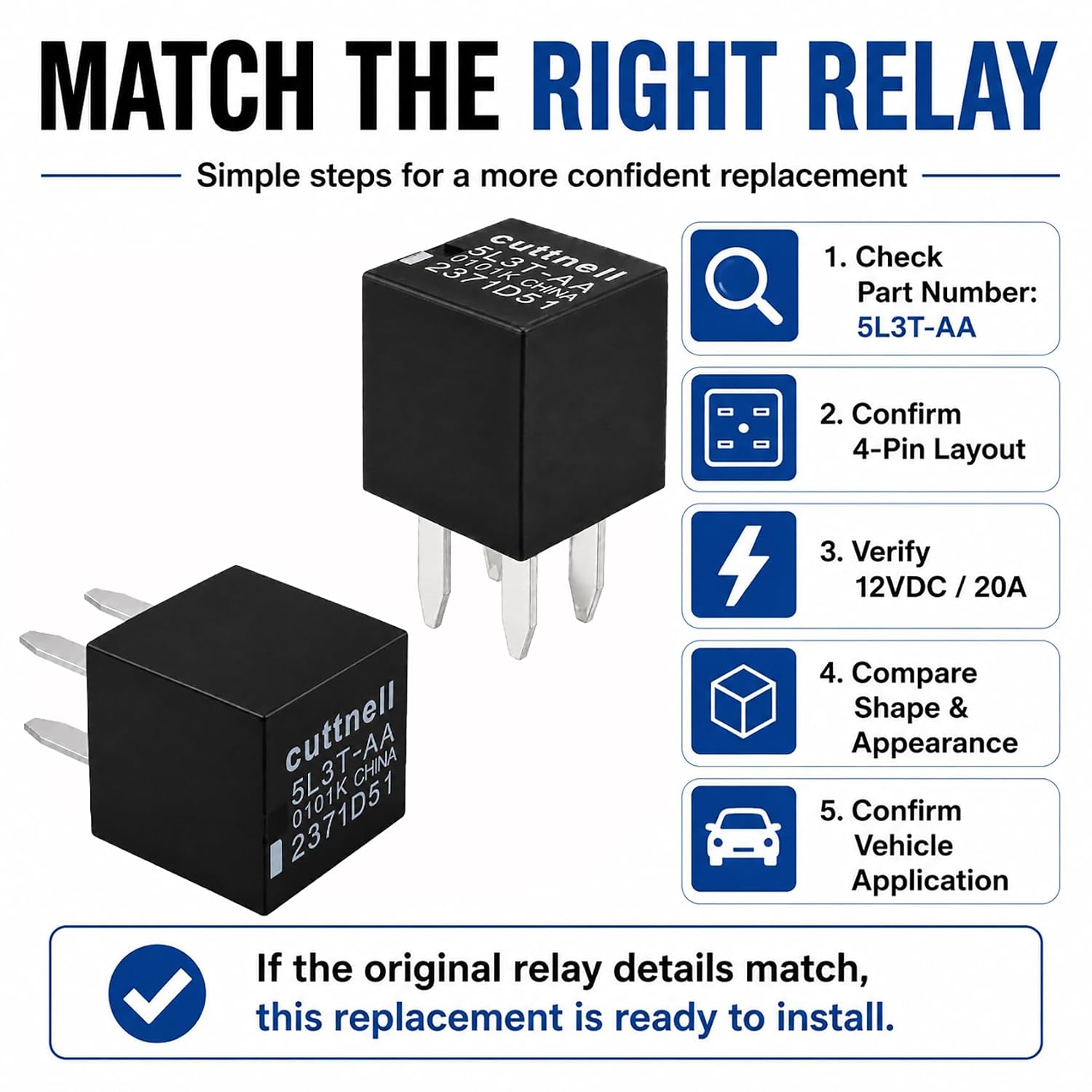 Cuttell 5-Pack 5L3T-AA Relay 12VDC 20A 4-Pin Automotive Relay Replacement for Select Ford Lincoln Mercury F-150 Escape Explorer A/C Compressor Clutch, Blower Motor, Fog Lamp & Electrical Circuits