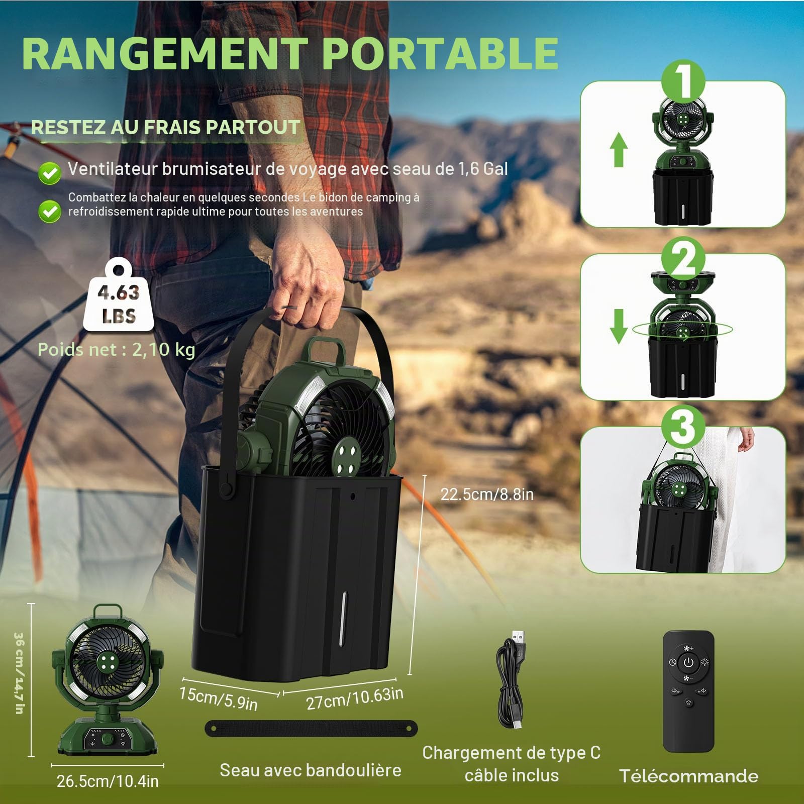 FuBegi Portail d'extérieur pour terrasse, batterie rechargeable de 20 000 mAh, avec seau de 1,6 gal, grande largeur, 4 grandes sorties d'arrosage, pour pêche, voyage, jardin, fête, golf, vert