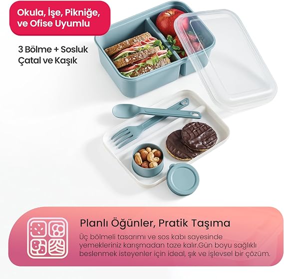 Hobby Life Lunch To Go 3 Division Nutrition Container with – Sauce Bowls, Leak Proof Lid, BPA Free, 920 ml + 40 ml (Grey)