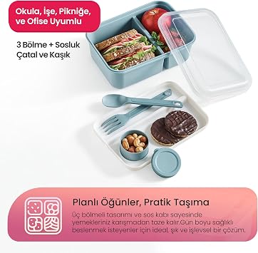 Hobby Life Lunch To Go 3 Division Nutrition Container with – Sauce Bowls, Leak Proof Lid, BPA Free, 920 ml + 40 ml (Grey)
