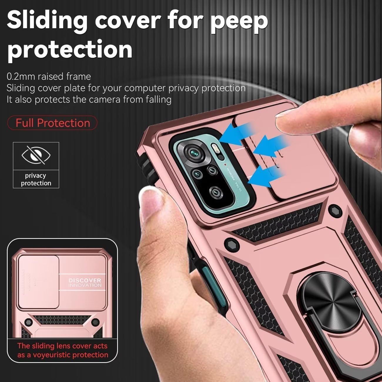 for Redmi Note 10/RedmiNote 10S/Poco M5S Case with Tempered Glass Screen Protector and Slide Camera Cover, Magnetic Ring Car Mount Holder Protective Cover for Xiaomi Redmi Note 10S Rose Gold - Image 2
