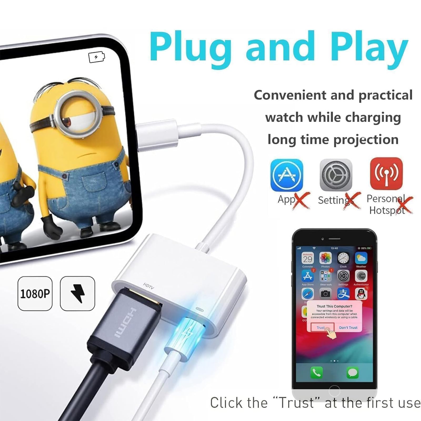 Aplimln Adattatore HDMI per iPhone, Lightning Digital AV Adapter 1080P Sync Schermo HDMI Cavo Connector to TV/HDTV/Monitor, Compatibile con iPhone 14/13/12/11/8/7/XR