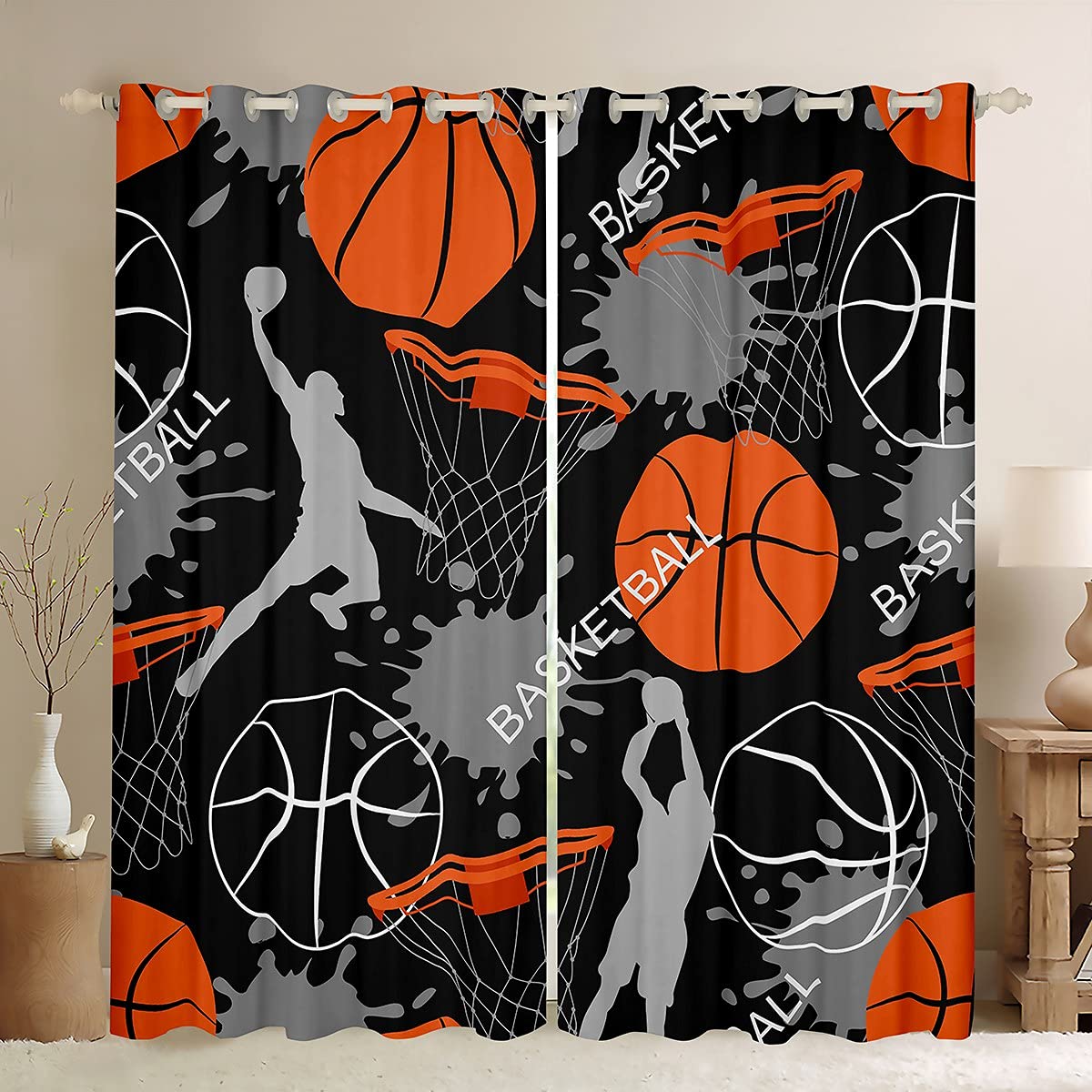 Sports Basketball Room Curtain Basketball Star Curtain for Bedroom Kids Boys 3D Basketball Pattern Curtain Watercolor Printed Drapes,W66*L72 — image 1