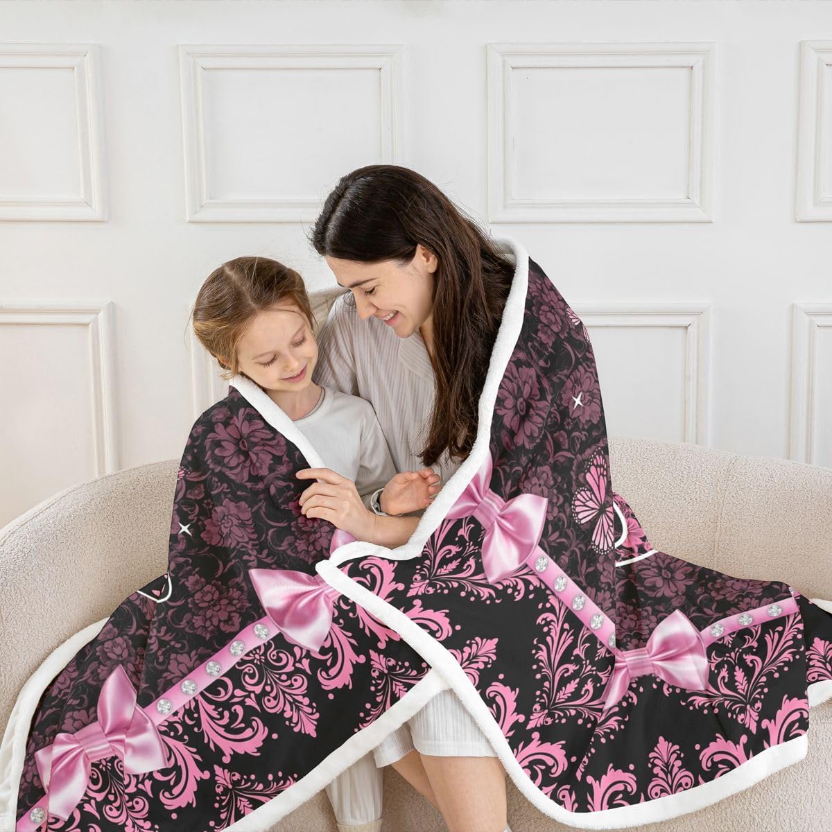 Coquette Aesthetic Butterfly Letter B Fleece Blanket Victorian Damask Pink Bow Sherpa Blanket 90"x90" for Boys Girls Teen,Glam Preppy Y2K Initial Monogram Feminine Princess Floral Fuzzy Plush Throw