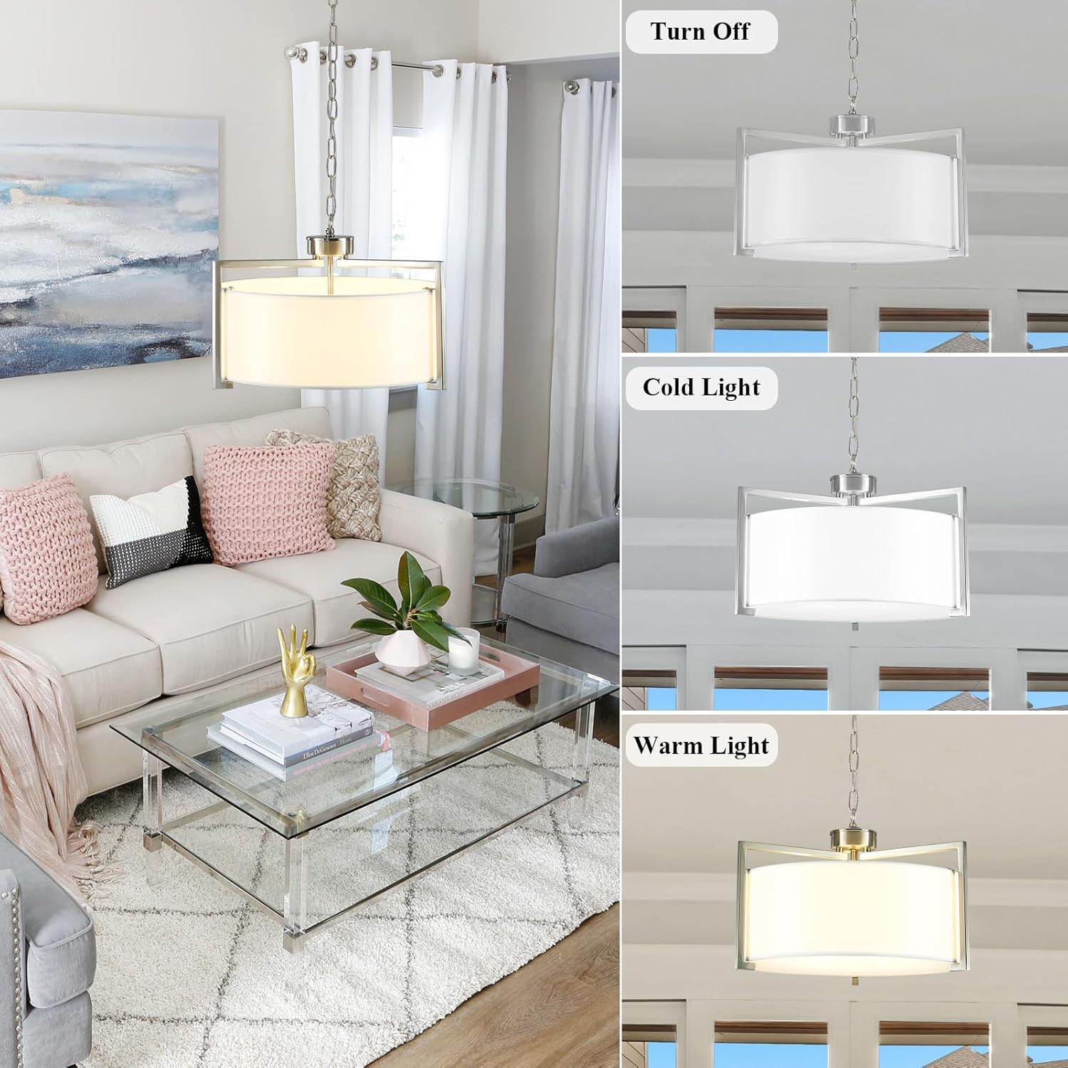 16.5" Brushed Nickel Drum Chandelier, 3-Light Modern Round Light Fixture Hanging Pendant Lighting Drum Lights Chandeliers for Dining Room Kitchen Living Room Bedroom Entryway Foyer, E26