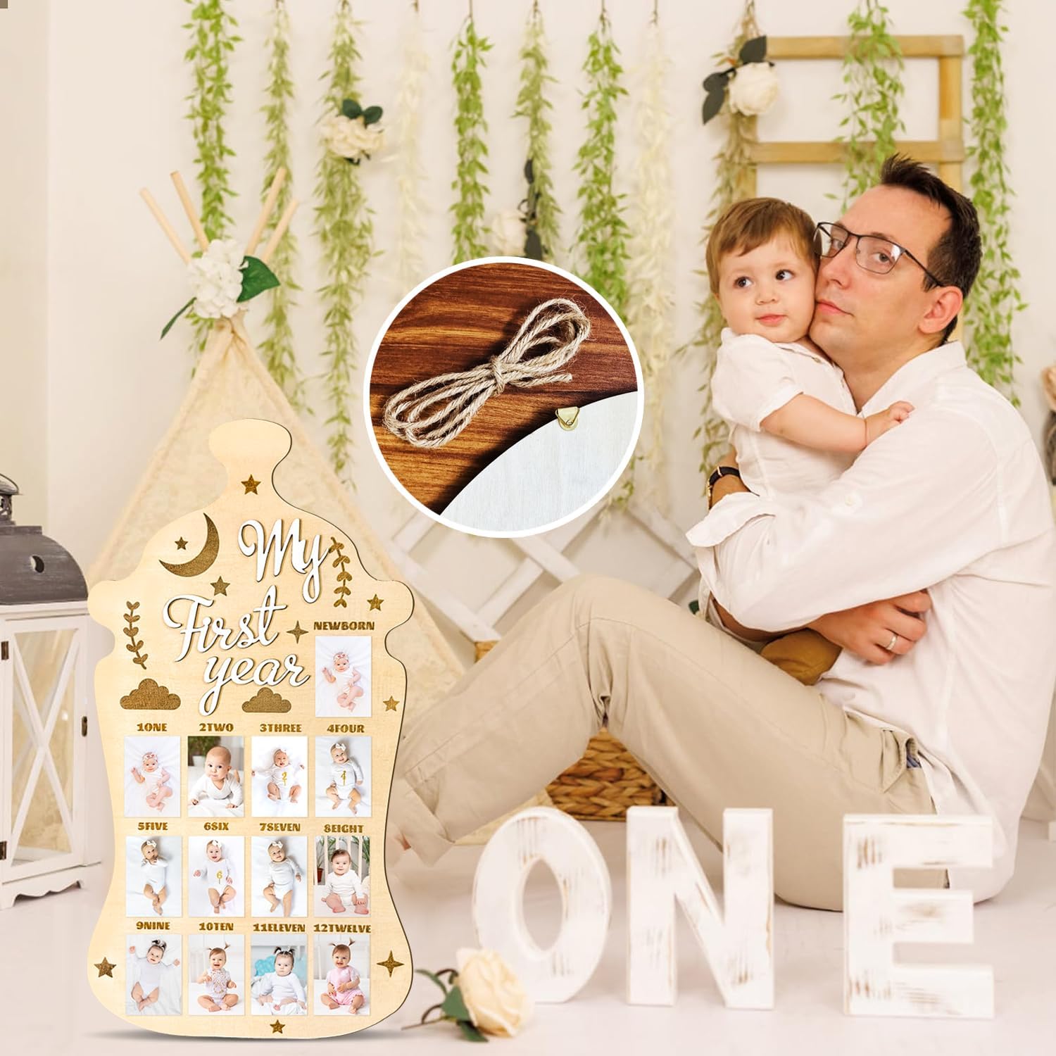 My First Year Display Photo Board First Birthday Wooden Photo Frame Wood One Year Baby Monthly Picture Board 12 Months Milestone Baby Keepsake Gift Baby Shower Backdrop Photo Prop Party Decoration
