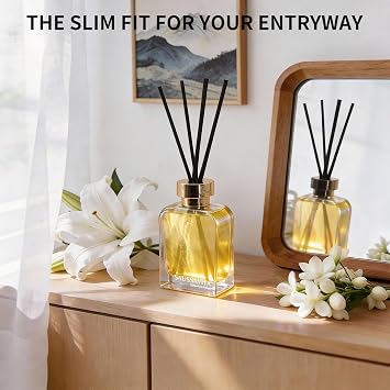 Reed Diffuser Set White Flower Scent 200ml for 120 Days | Diffusers with 10 Sticks Golden Glitter Bottle, Home Fragrance Air Freshener Long Lasting for Bathroom Bedroom Office
