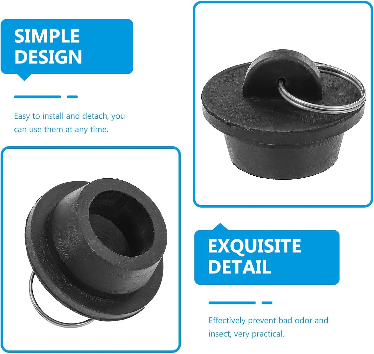5pcs Black Rubber Sink Plug with Pull Ring 1-1/8 Inch Bathtub Drain Stopper Bathroom Washbasin Stopper for Kitchen and Bath Drain Protection