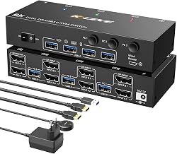8k Displayport KVM Switch 3 PC 2 Monitors 8K@30Hz 4K@144Hz, camgeet USB3.0 Dual Monitor KVM Switches Displayport 1.4 with 4 USB 3.0 Ports for USB Devices, for 3pcs DP Monitor Switch
