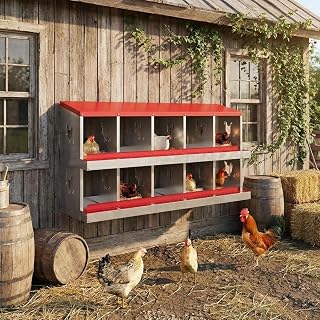 GarveeLife 10 Compartment Chicken Nesting Box, Nesting Boxes for Chickens, Metal Chicken Laying Boxes with Perch, Secure Lid, Versatile Wall Mount or Free Standing for Hens, Red