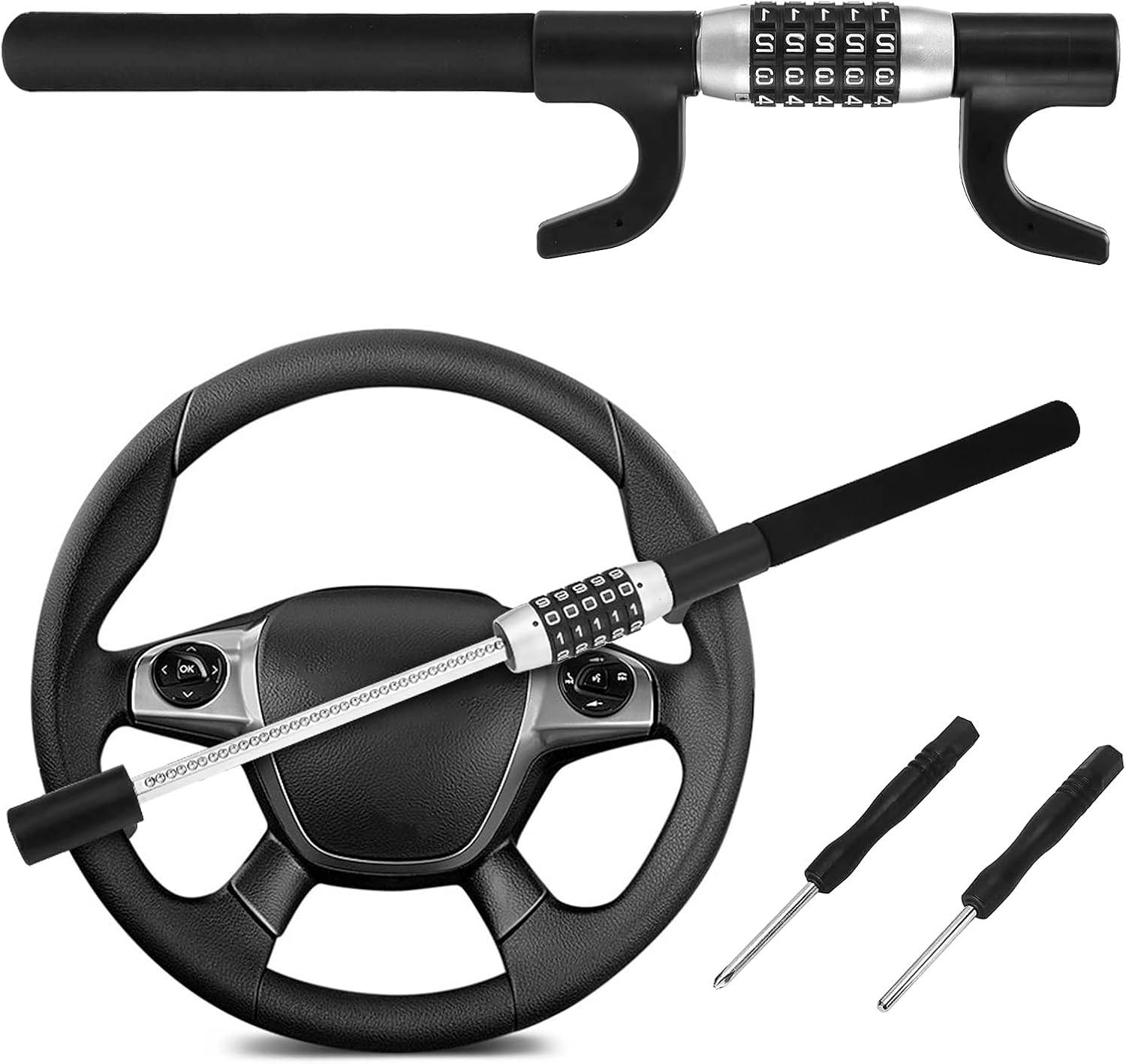 Youngly Steering Wheel Lock, Heavy Duty Keyless Password Anti-Theft Lock, Retractable Car Security Lock for Vehicle Truck SUV Van