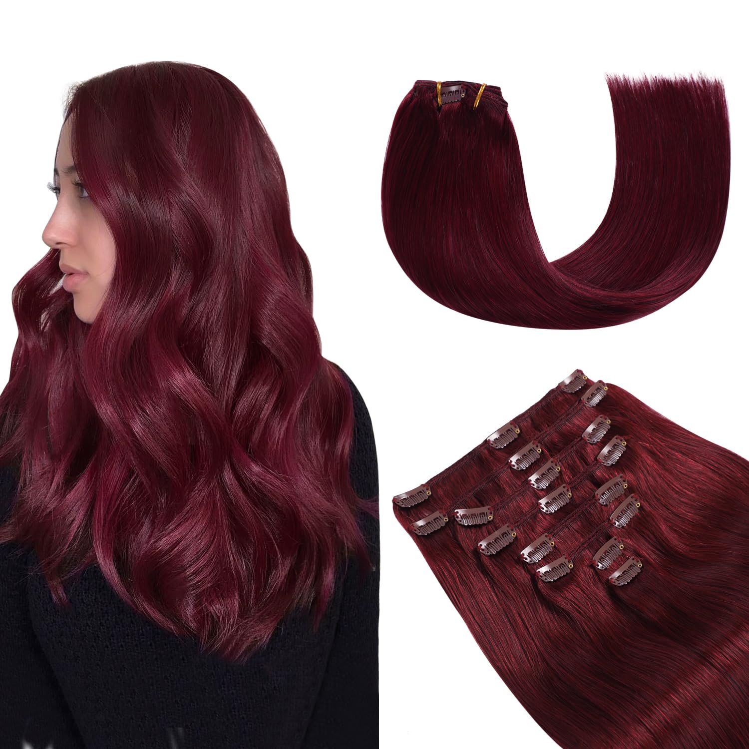 YILITE Clip in Hair Extensions 120g 8Pcs/Pack Burgundy Double Weft Silky Straight Remy Human Hair Thick Clip in Real Hair Extensions for Women（