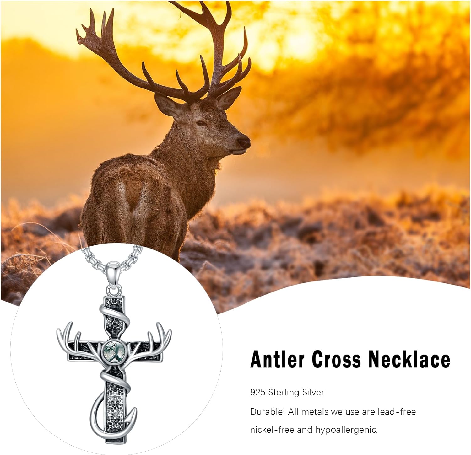 Hunting Cross Necklace 925 Sterling Silver Antler Pendant Fish Hook Necklace Deer Jewelry Hunting Gifts for Men Hunters Dad - Image 7