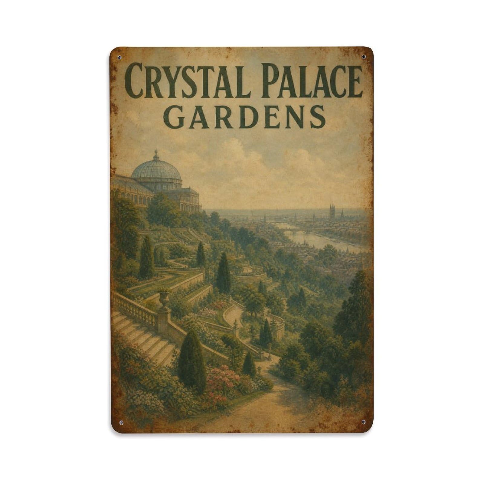 Yrnq 08X12inch Vintage Style Vintage Crystal Palace Gardens Panorama Portugal Metal Tin Sign