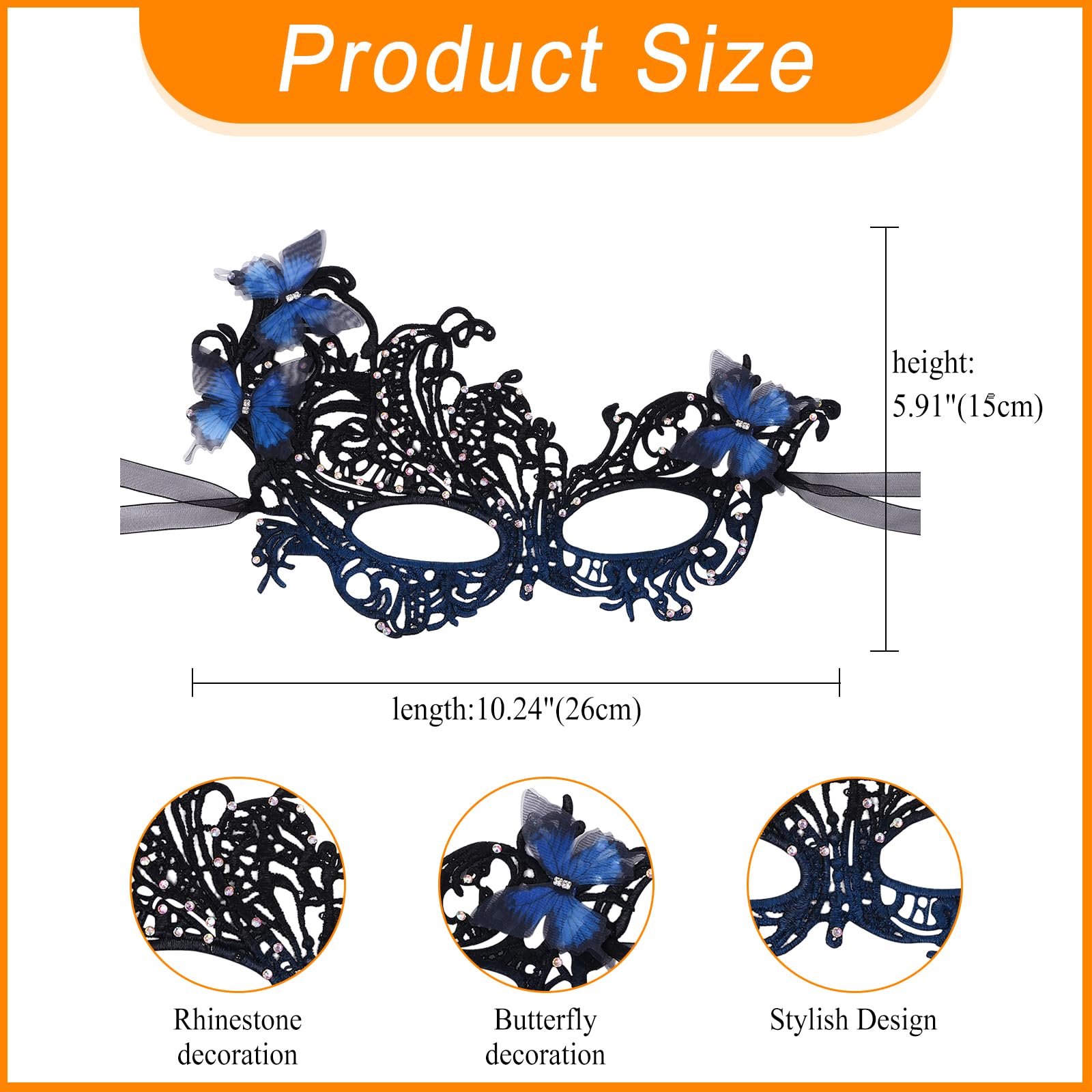 JewelryWe Women's Lace Masquerade Masks: Butterfly Mask with Rhinestone Adjustable Costume Accessories for Halloween Cosplay - Image 3