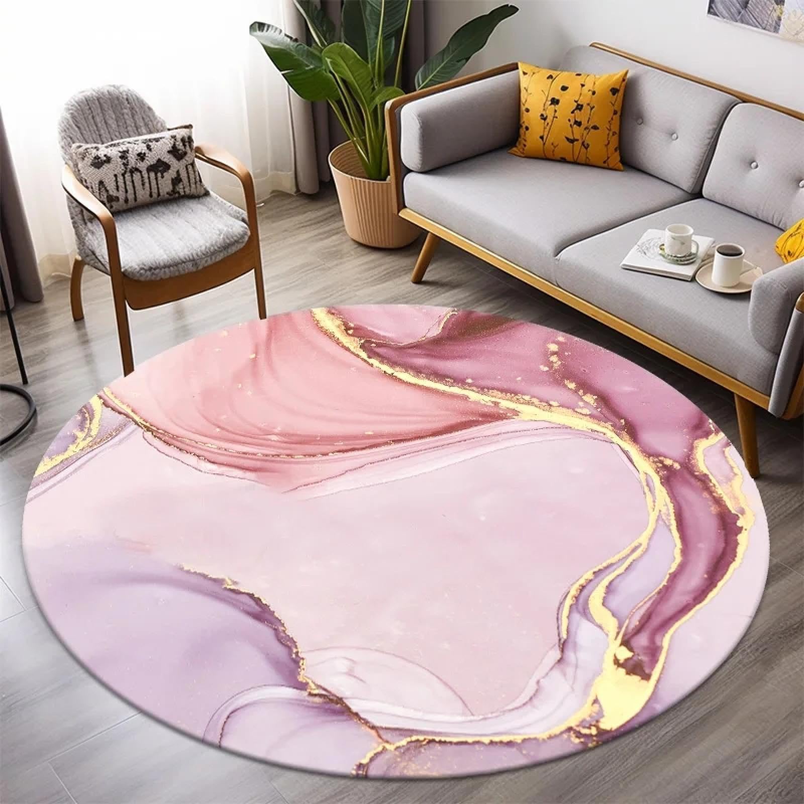 Tapis de sol rond marbre rose antidérapant et sécurisé pour chambre