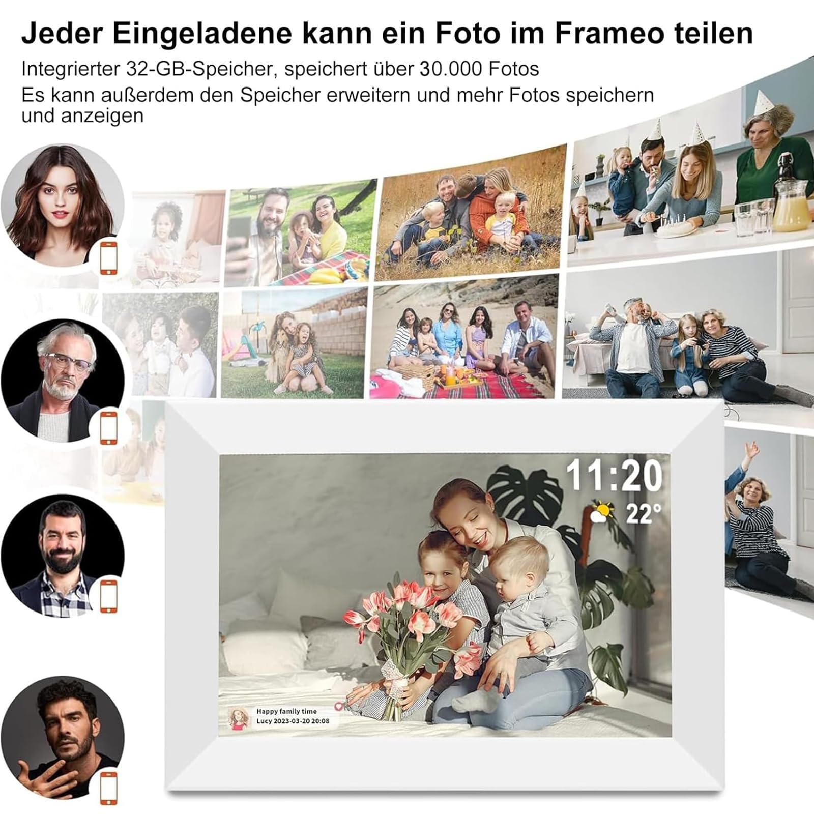 Frameo 10,1 Zoll Digitaler Bilderrahmen, Elektronischer Fotorahmen, WLAN-Digitaler Photo Frame, 32 GB Speicher, 1280x800 IPS-Display, Automatische Drehung, Wandmontierbar, Fotos/Videos teilen(Weiß)