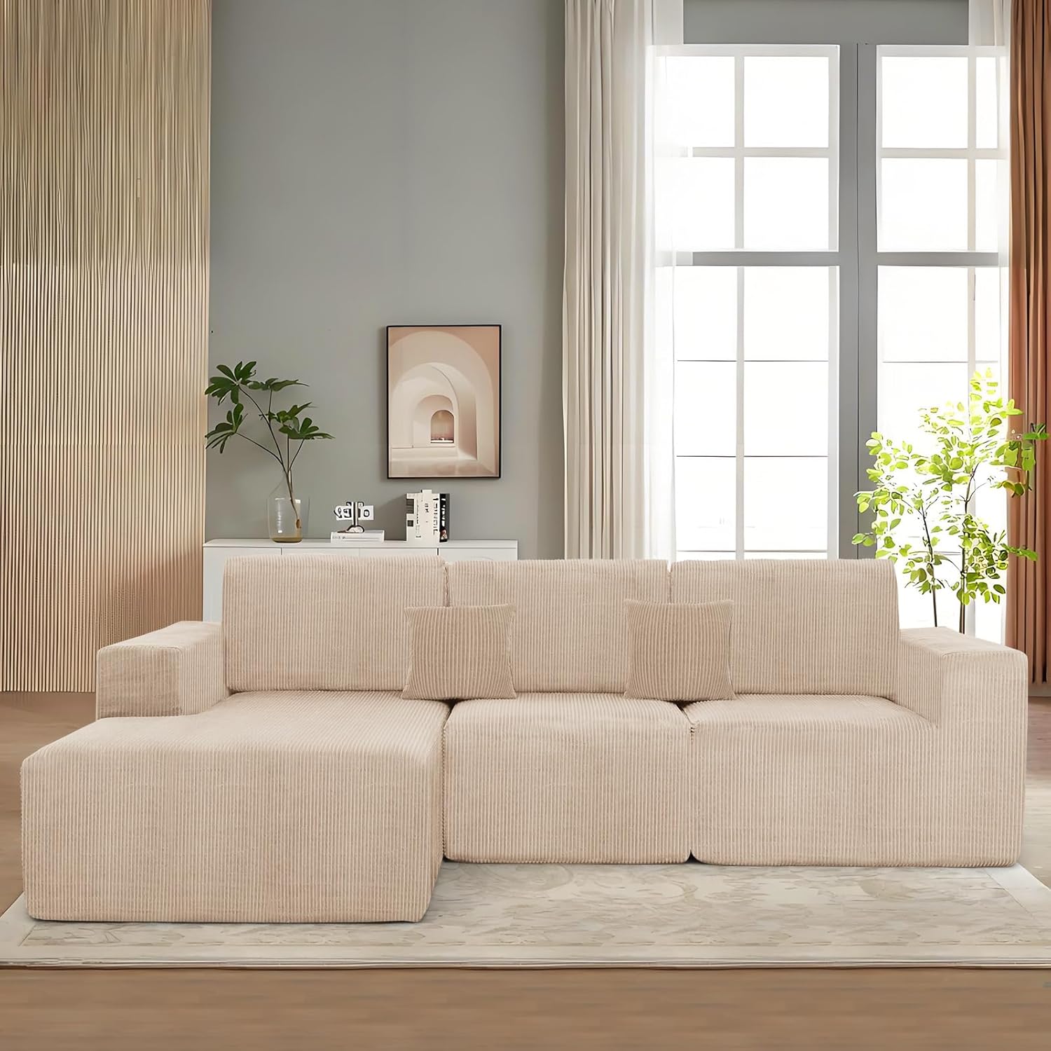 111" Boneless Couches for Living Room 3-Piece Cloud Couch Modular Sectional Deep Seat Compressed Couches for Living Room Bedroom Plush Corduroy Fabric No Assembly Required, Khaki - Image 3