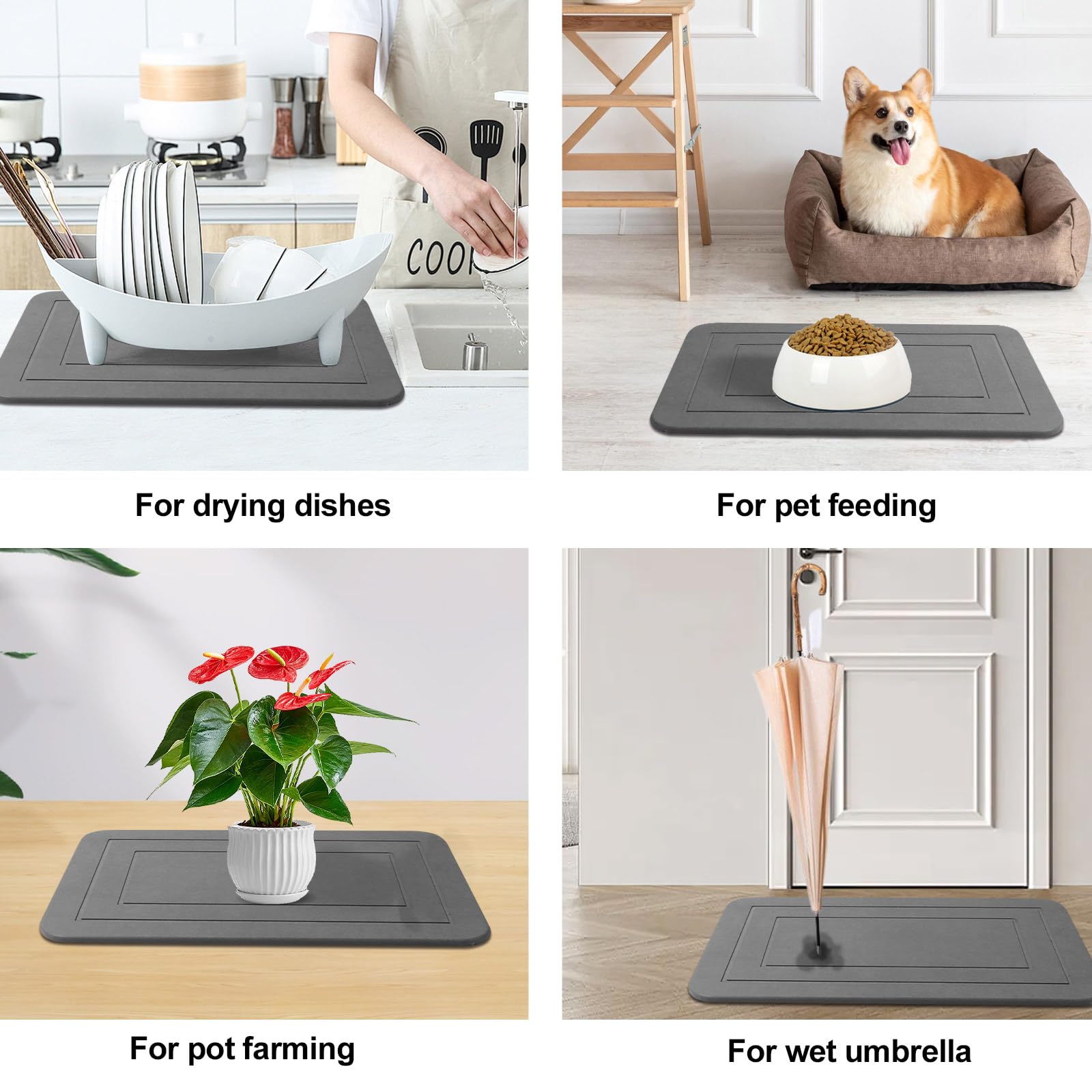 Lot de 2 Tapis de Bain en Pierre, Tapis de Douche en Terre de diatomée, antidérapant, Super Absorbant, séchage Rapide, Tapis de Sol pour Salle de Bain et Cuisine (Gris, 61 x 38,1 cm)