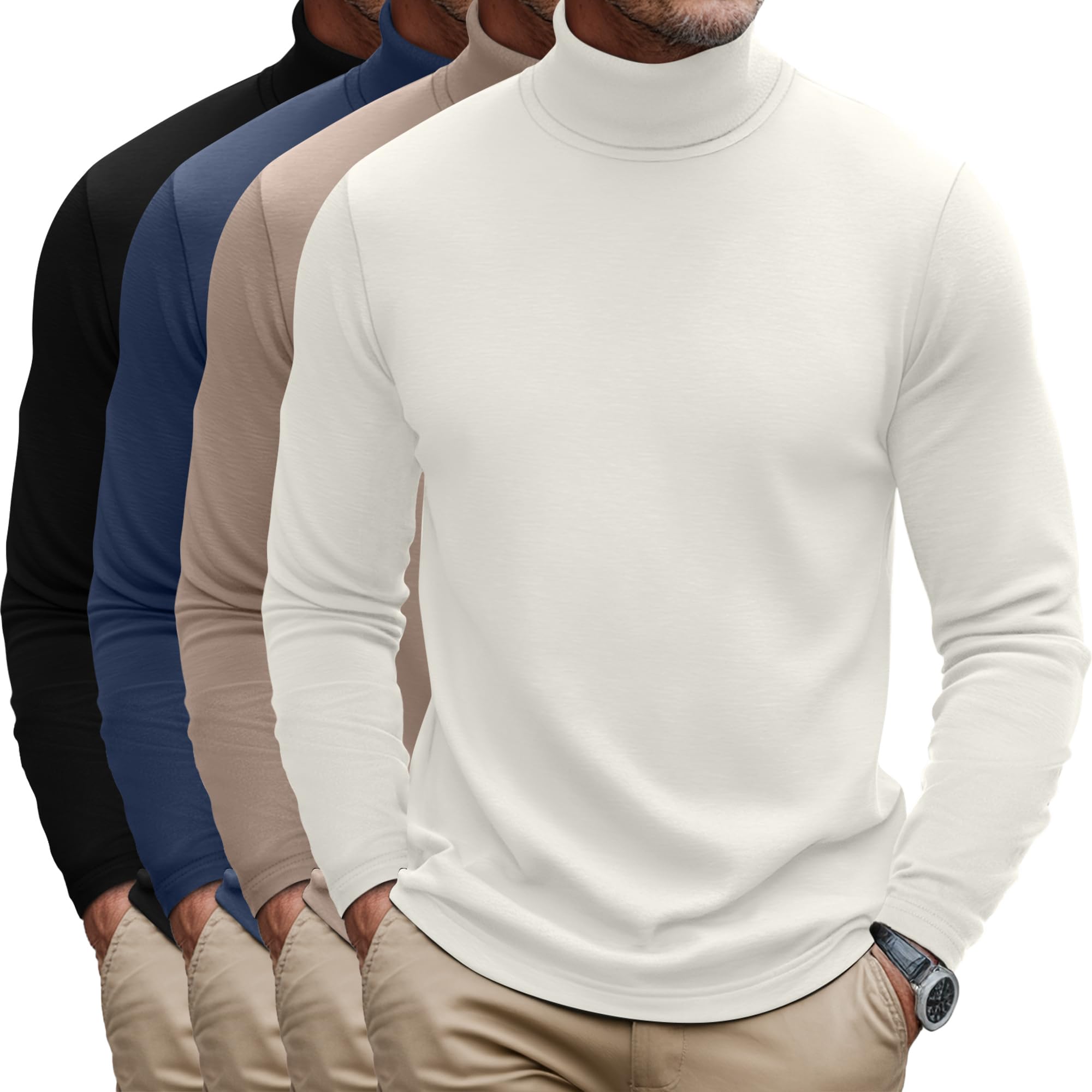 Photo 1 of Huukeay 4 Pack Men's Turtleneck Shirts, Long Sleeve Casual Pullover Lightweight Slim Fit Sweater Basic Thermal Underwear Tops(Black, Dark Blue, Gray Khaki, Beige White,X-Large)