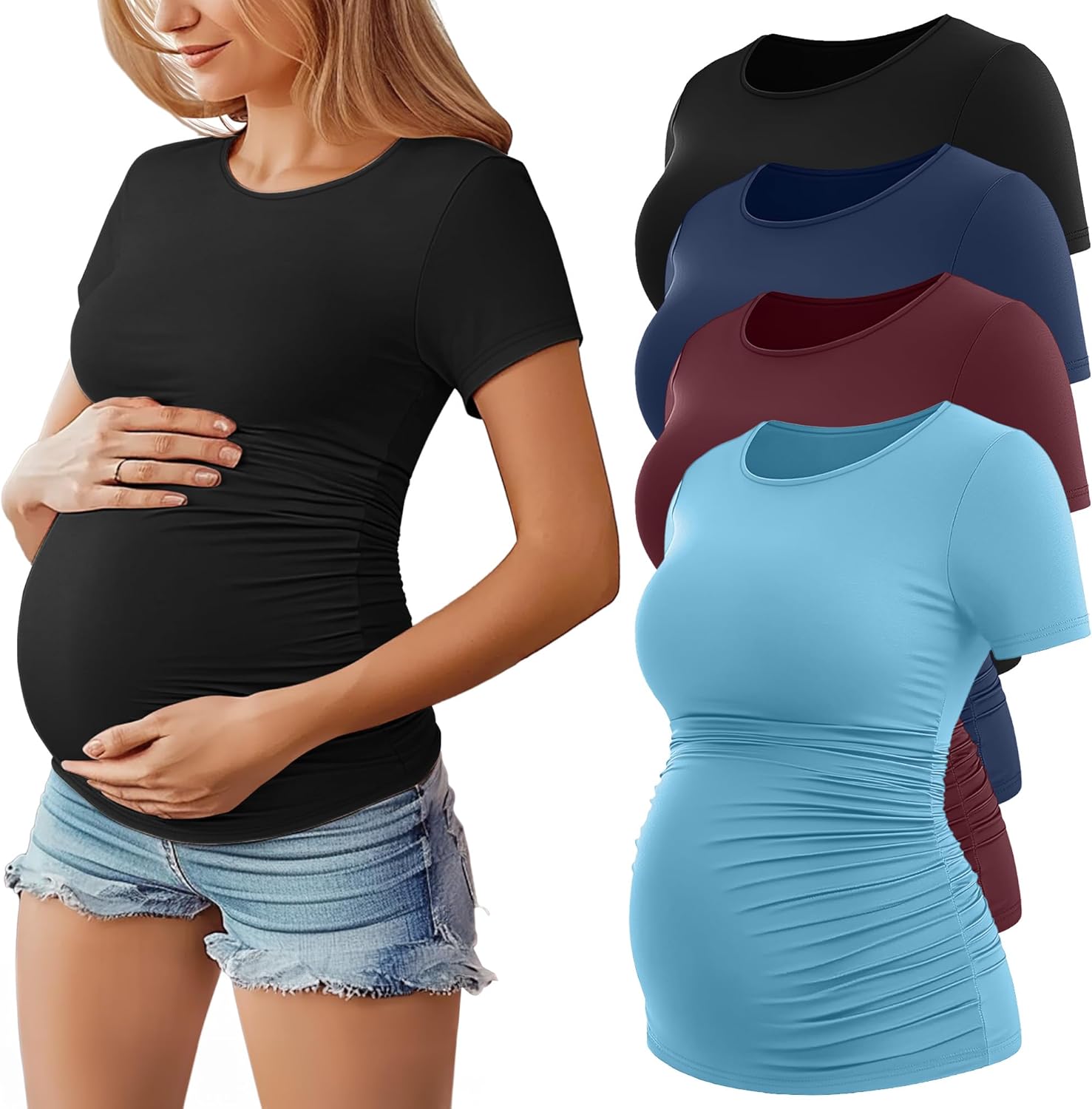 Huukeay 4 Pack Women's Maternity Shirts, Crew Neck Maternity Top Short Sleeve Casual Cotton Tee Side Ruched Pregnancy Clothes