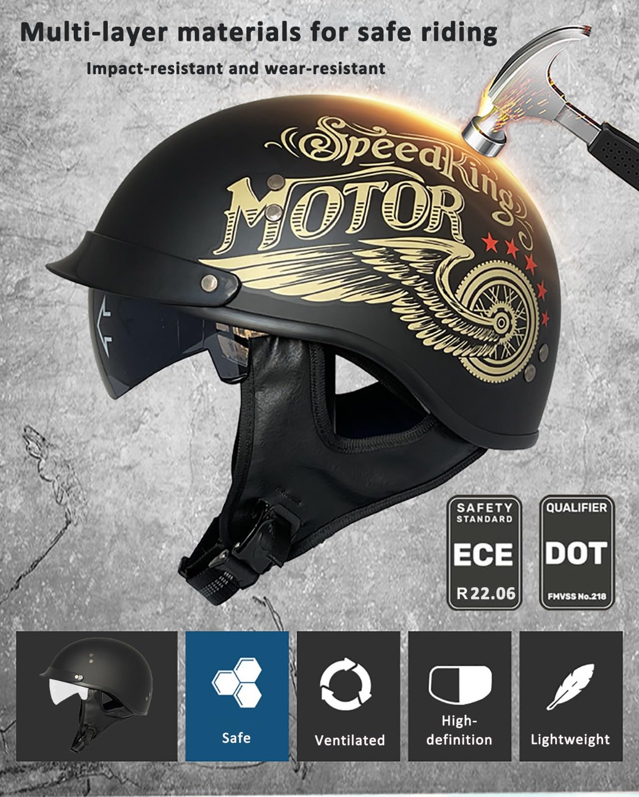 Kask motocyklowy retro, kask motocyklowy typu jet, do cruiser, choppera, motoroweru, skutera, homologacji ECE 22.06, dla kobiet i mężczyzn (Touring) 5,XL (59-60 cm)