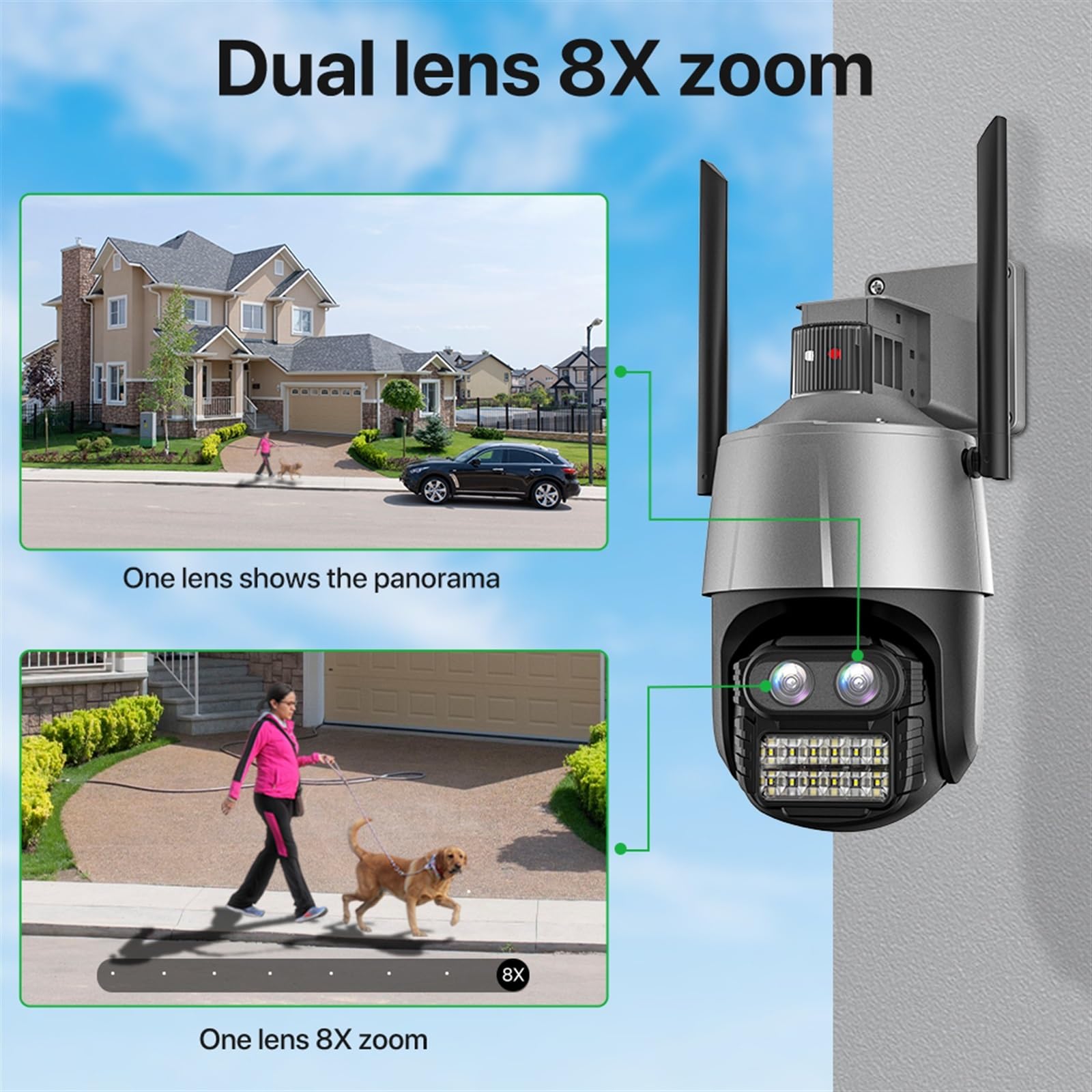 Kamera IP 8MP 4K Bezpieczeństwo Kamera PTZ 2.8 + 12mm Podwójny obiektyw Kolor zewnętrzny Noktowizor Kamera monitoringu CCTV 8x Zoom cyfrowy(64G)