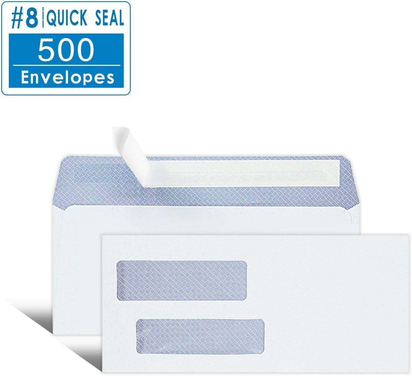 Ohuhu 500 Pack #8 Double Window Envelope SELF SEAL Adhesive Tinted Security Envelopes Quickbooks Check, Business Check, Documents Secure Mailing, 3 5/8" x 8 11/16", White Envelope
