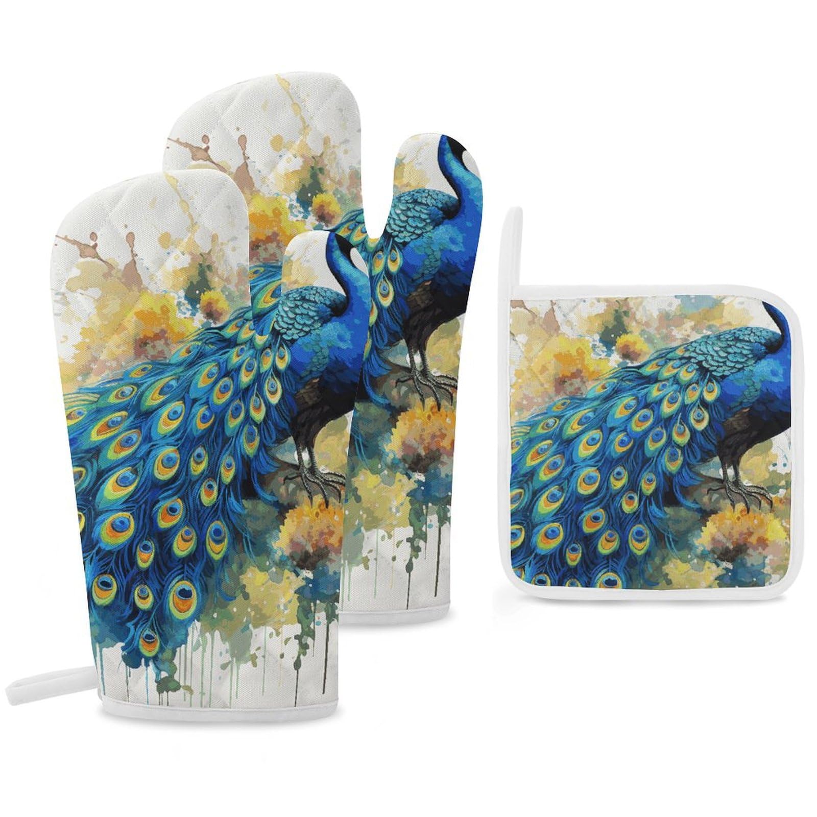 Gants de cuisine résistants à la chaleur motif paon aquarelle