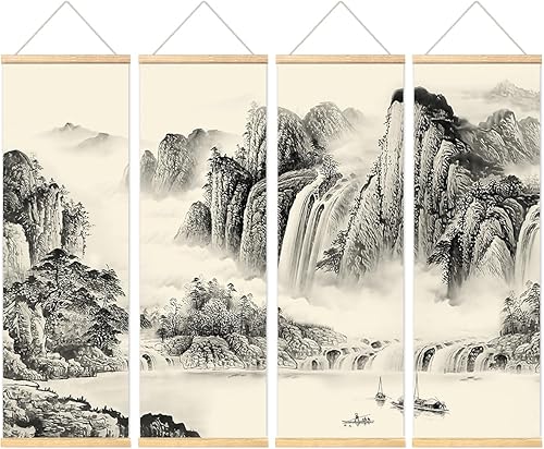 windfirestore Con marco vintage de tinta china tradicional paisaje arte de pared elegante Japón Asia retro decoración de pared para tu hogar, juego