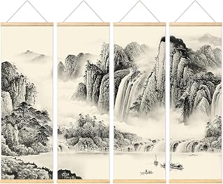 windfirestore With Frame Vintage Traditional Chinese Ink Landscape Wall Art Painting Elegant Japan Asia Retro Wall Decor for Your Home Set of 4 Wooden Hanging Scrolls Poster (12”x35” Each)