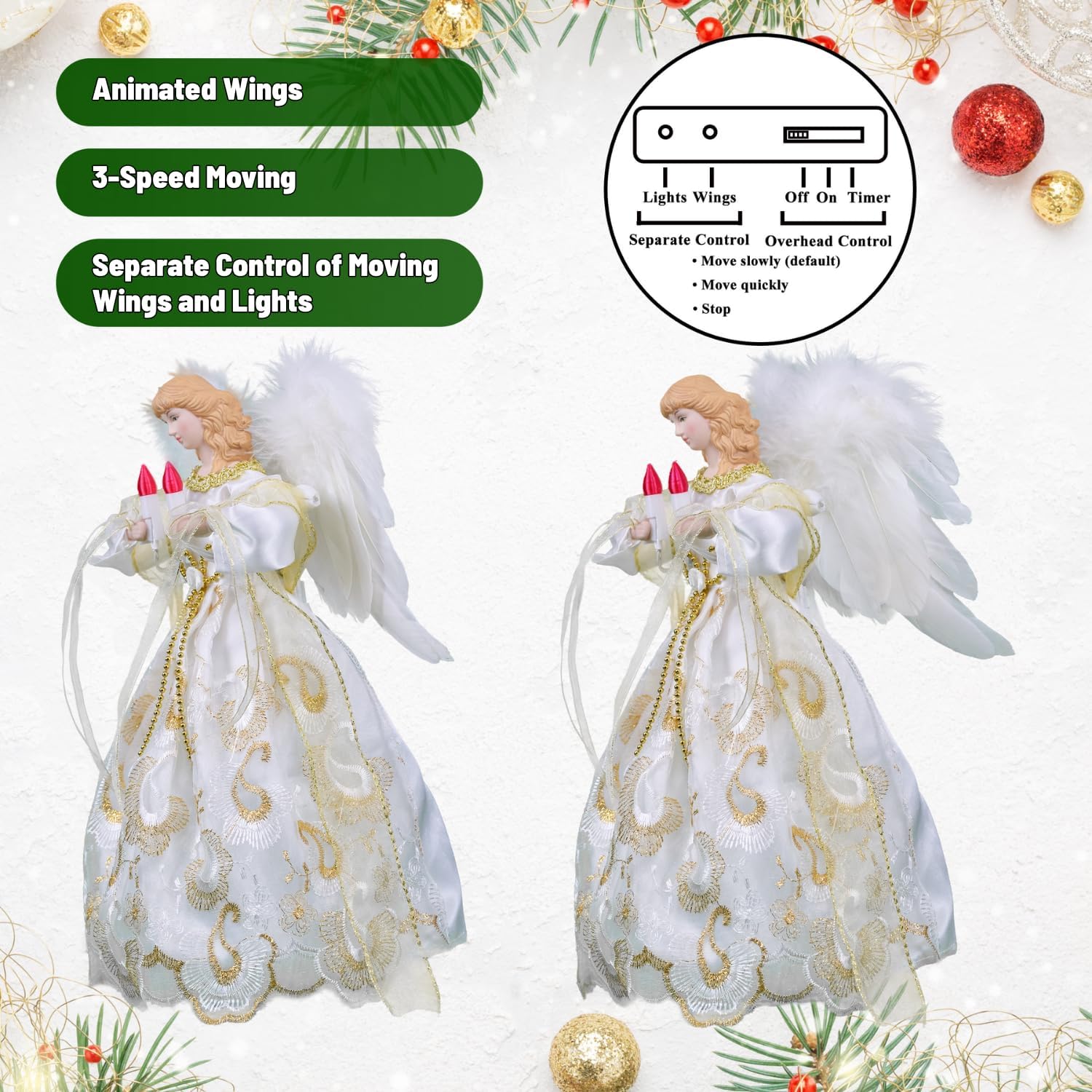 Decoración para árbol de ángel de Navidad con alas móviles, decoración navideña (marfil y dorado)