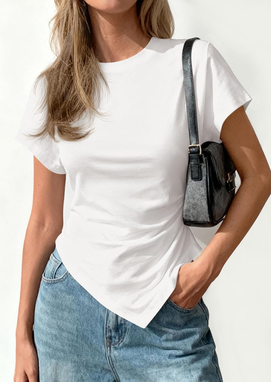 PRETTYGARDEN Womens Asymmetrical Summer Tops 2026 Going Out Shirts Spring Y2K Short Sleeve Crew Neck Ruched Trendy Clothes